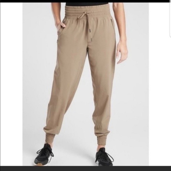 Athleta Pants - Athleta Camden Jogger Pants Tan 10 Zip Pocket Elastic Waist Travel Athleisure
